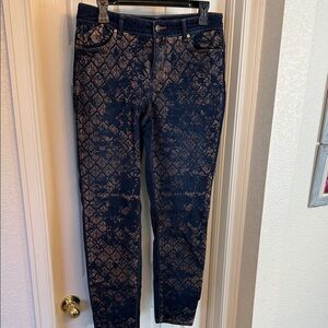 Chico's Navy and Tan Floral Jacquard Skinny Jeans